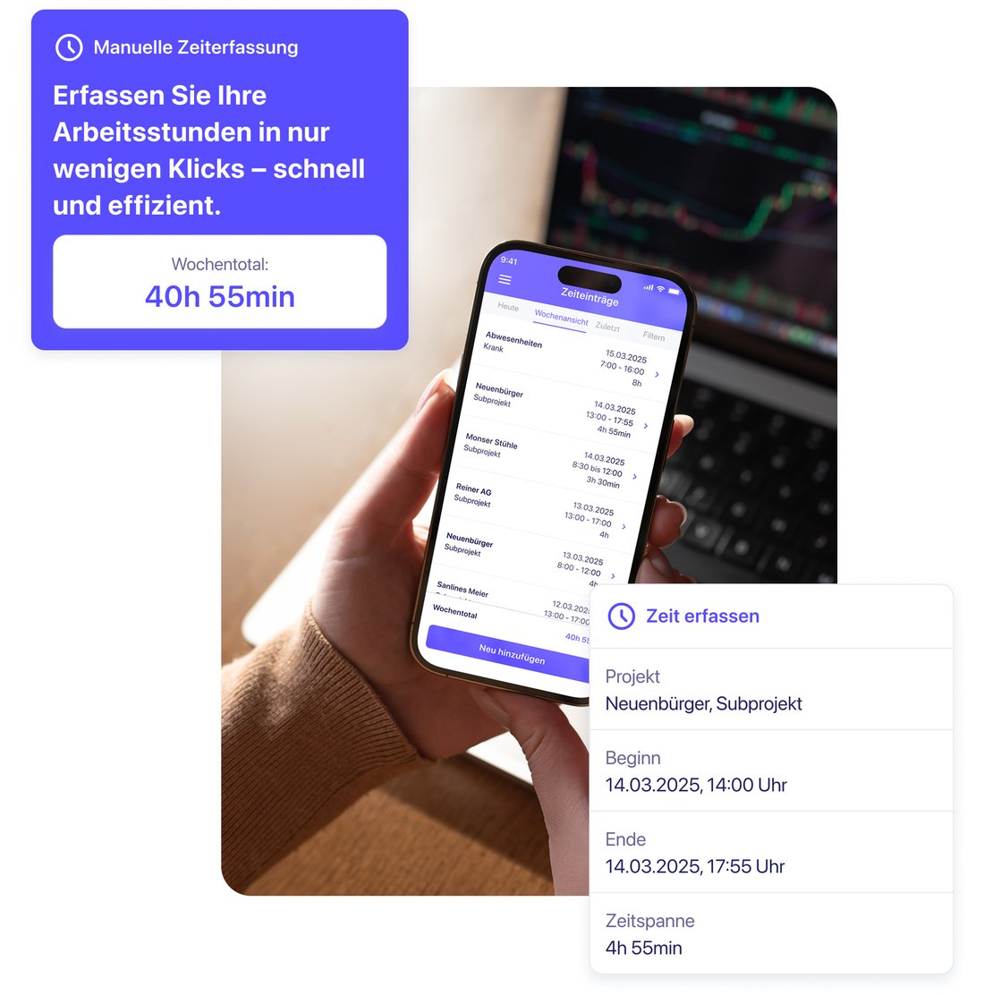 Manuelle Zeiterfassung — Screenshot in der App